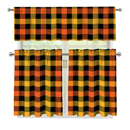Orange And Black Buffalo Plaid Print 3 Piece Kitchen Curtains