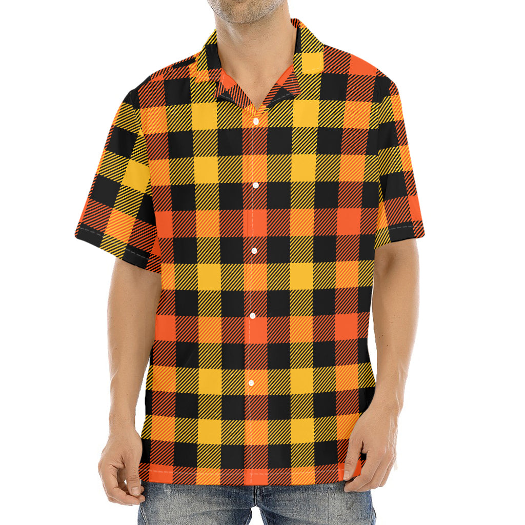 Orange And Black Buffalo Plaid Print Aloha Shirt