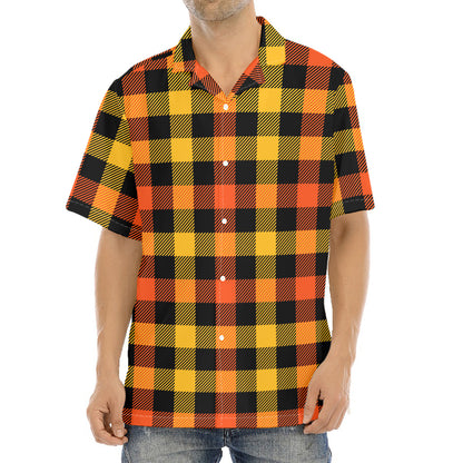 Orange And Black Buffalo Plaid Print Aloha Shirt