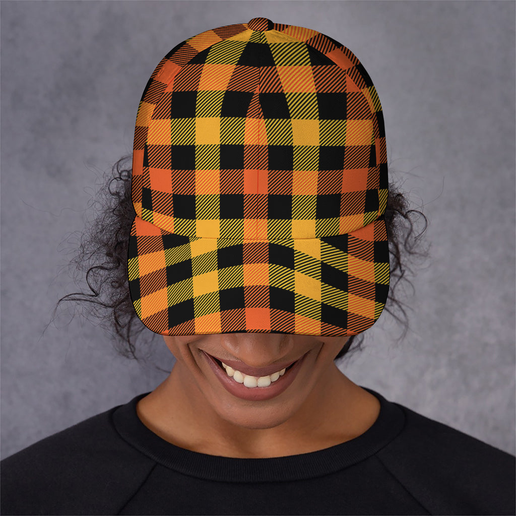 Orange And Black Buffalo Plaid Print Baseball Cap