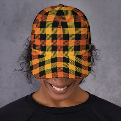Orange And Black Buffalo Plaid Print Baseball Cap