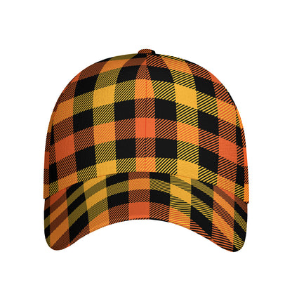 Orange And Black Buffalo Plaid Print Baseball Cap