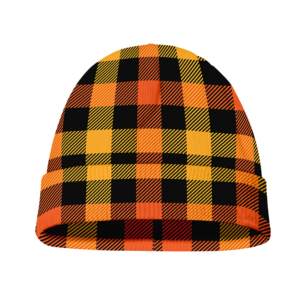 Orange And Black Buffalo Plaid Print Beanie