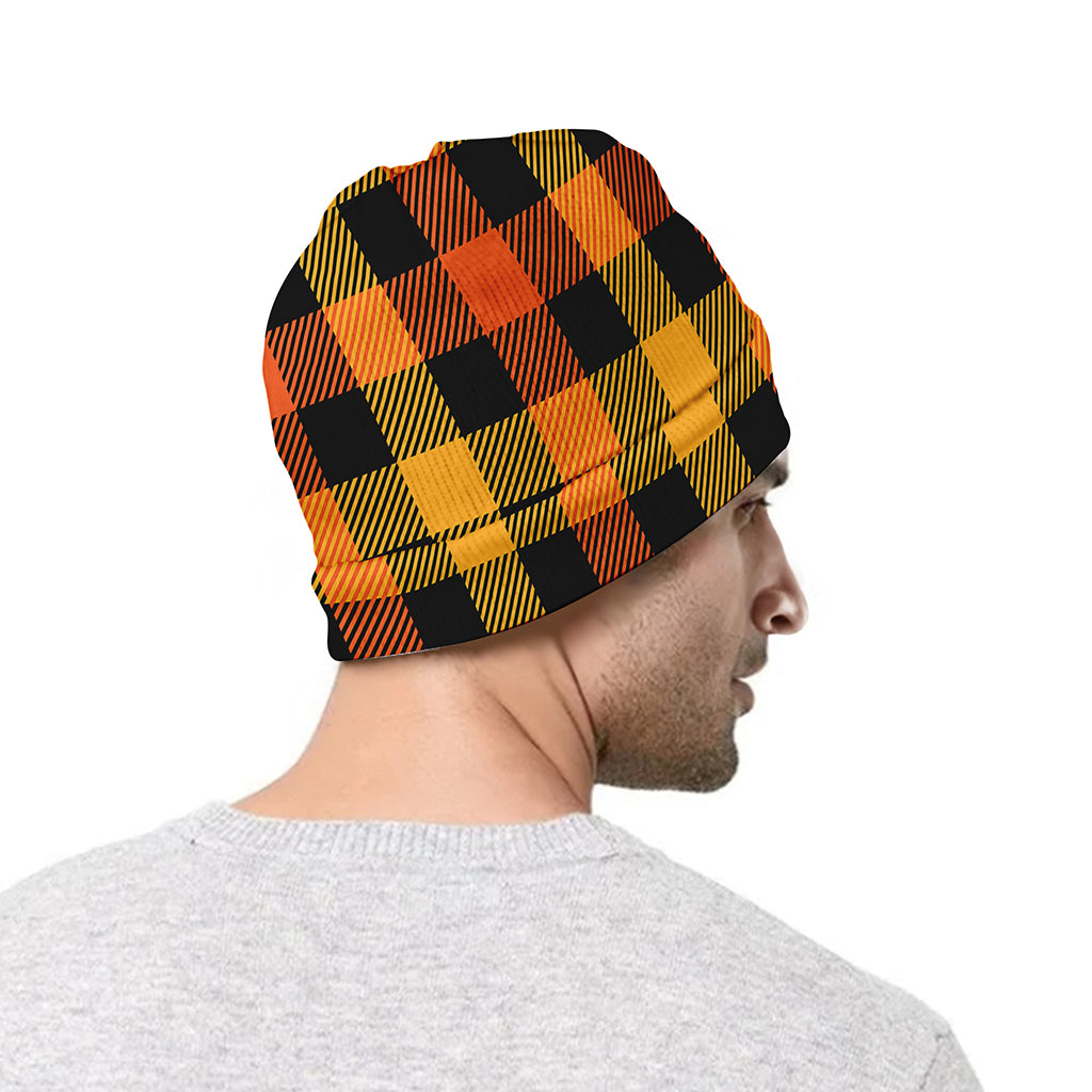 Orange And Black Buffalo Plaid Print Beanie
