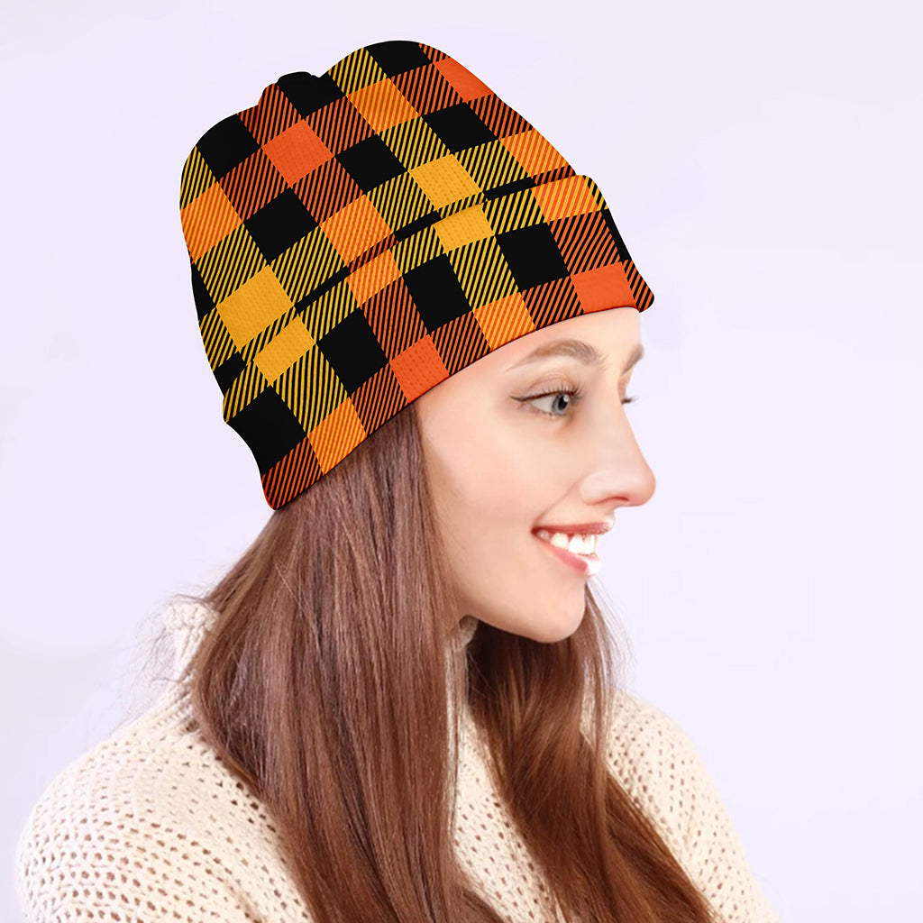 Orange And Black Buffalo Plaid Print Beanie