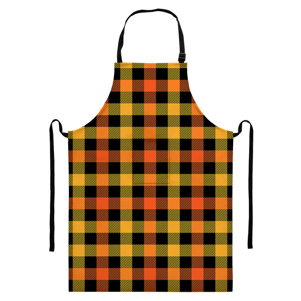 Orange And Black Buffalo Plaid Print Bib Apron With Pocket