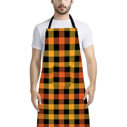 Orange And Black Buffalo Plaid Print Bib Apron With Pocket