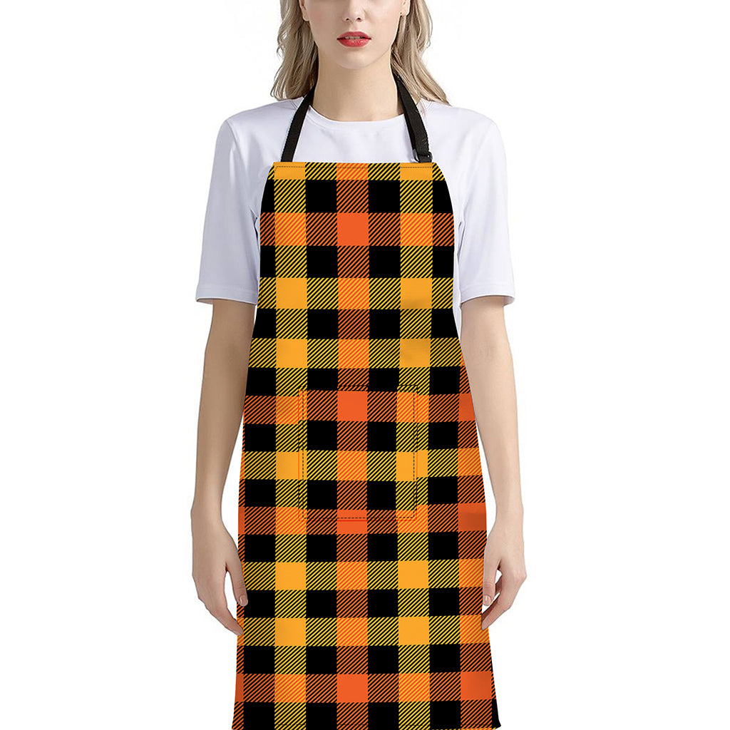 Orange And Black Buffalo Plaid Print Bib Apron With Pocket