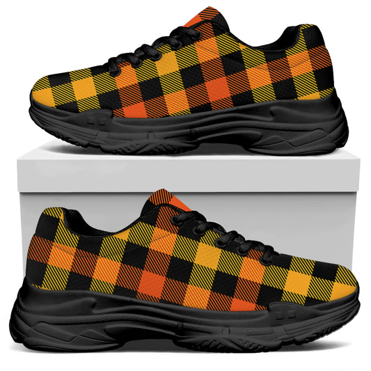 Orange And Black Buffalo Plaid Print Black Chunky Shoes