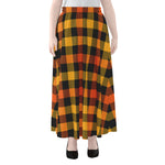 Orange And Black Buffalo Plaid Print Chiffon Maxi Skirt