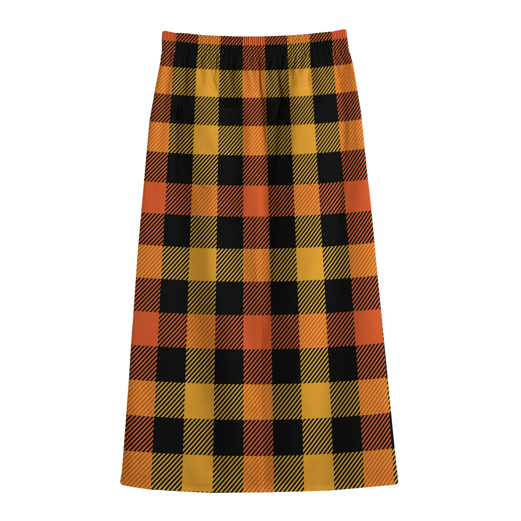 Orange And Black Buffalo Plaid Print Cotton Front Slit Maxi Skirt