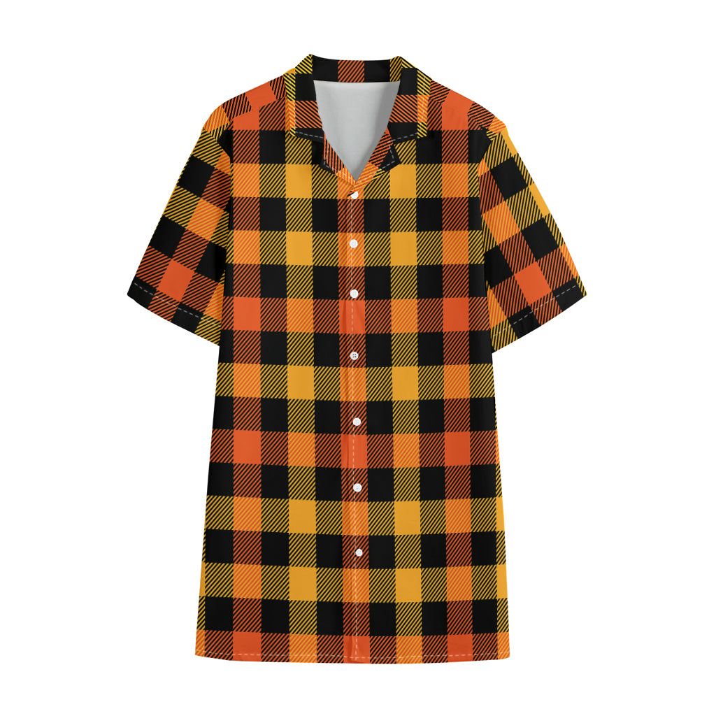 Orange And Black Buffalo Plaid Print Cotton Hawaiian Shirt