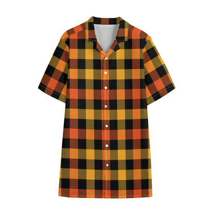 Orange And Black Buffalo Plaid Print Cotton Hawaiian Shirt