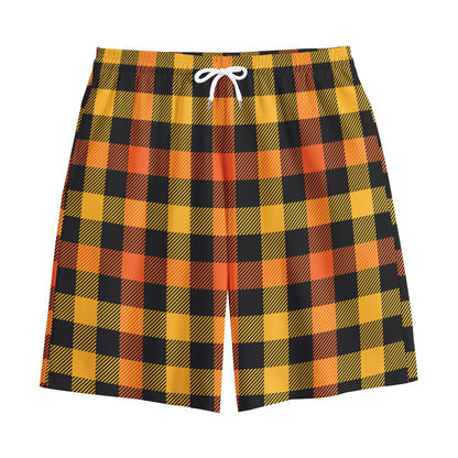 Orange And Black Buffalo Plaid Print Cotton Shorts