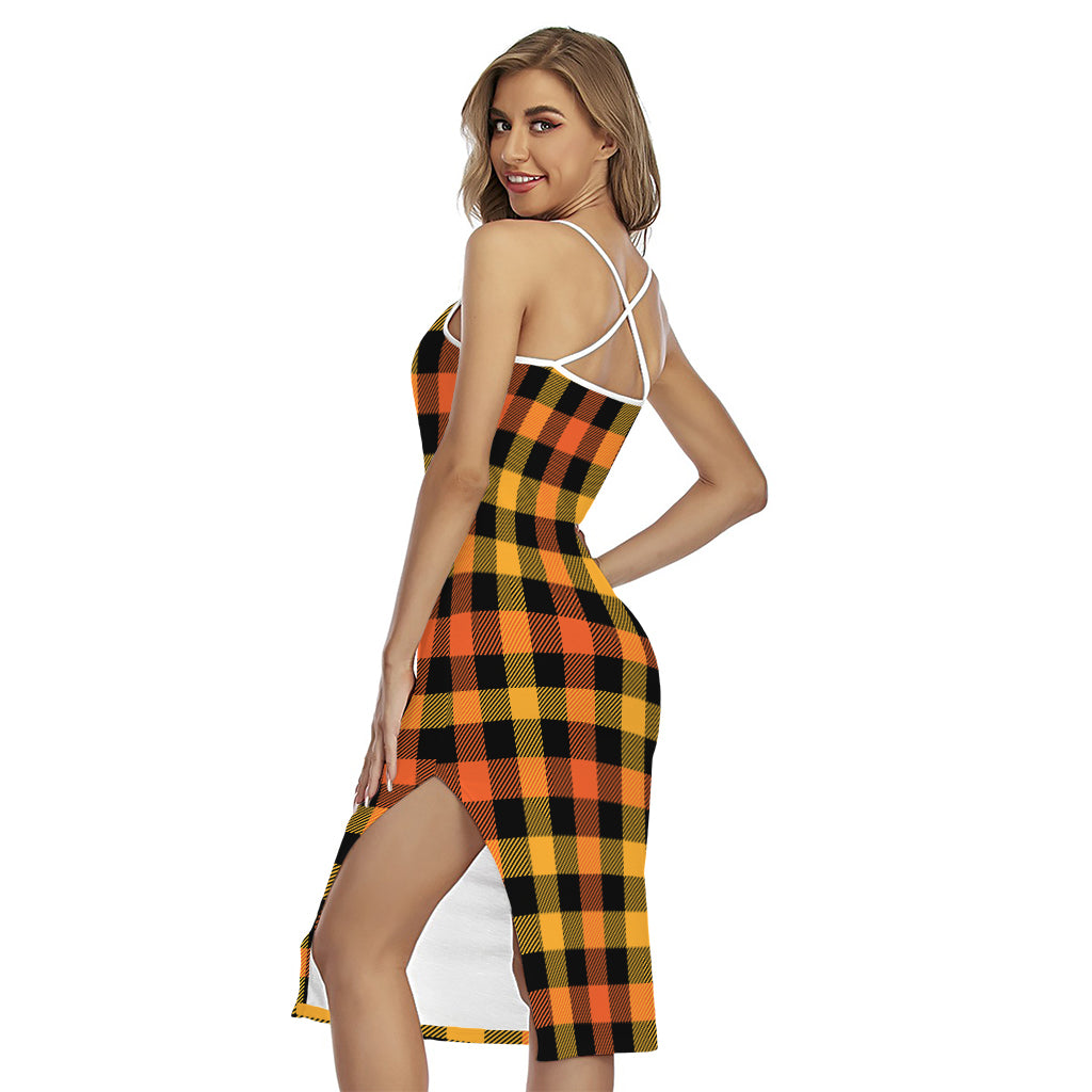 Orange And Black Buffalo Plaid Print Cross Back Cami Dress