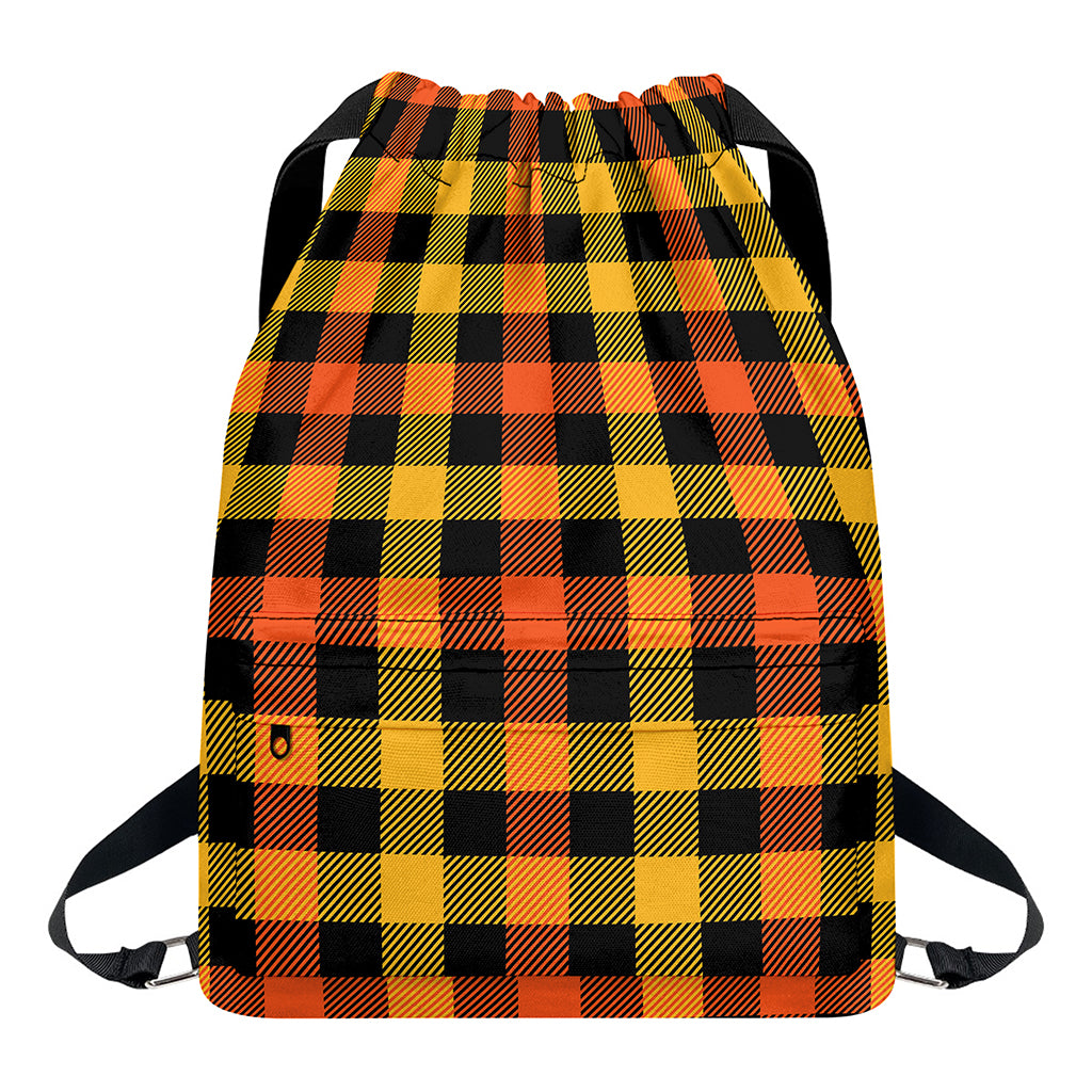 Orange And Black Buffalo Plaid Print Drawstring Backpack