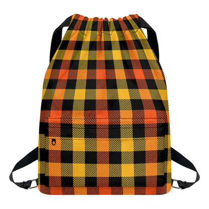 Orange And Black Buffalo Plaid Print Drawstring Backpack
