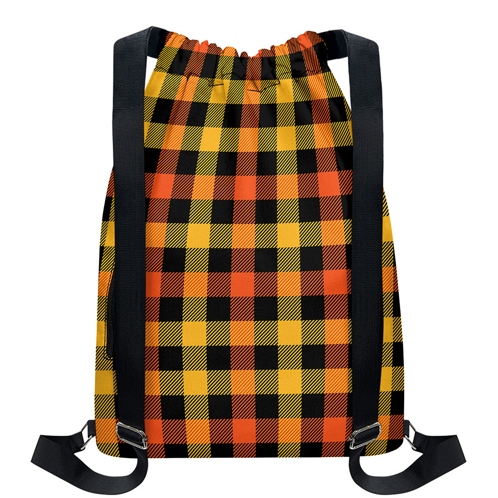 Orange And Black Buffalo Plaid Print Drawstring Backpack