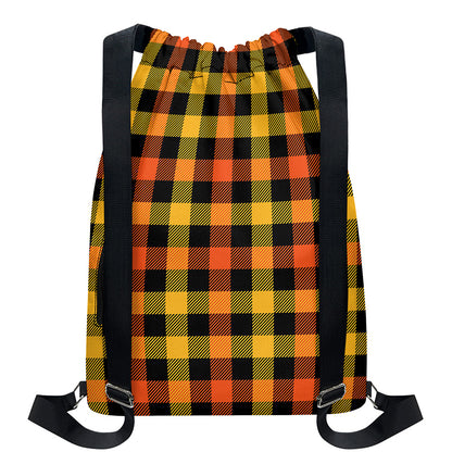 Orange And Black Buffalo Plaid Print Drawstring Backpack