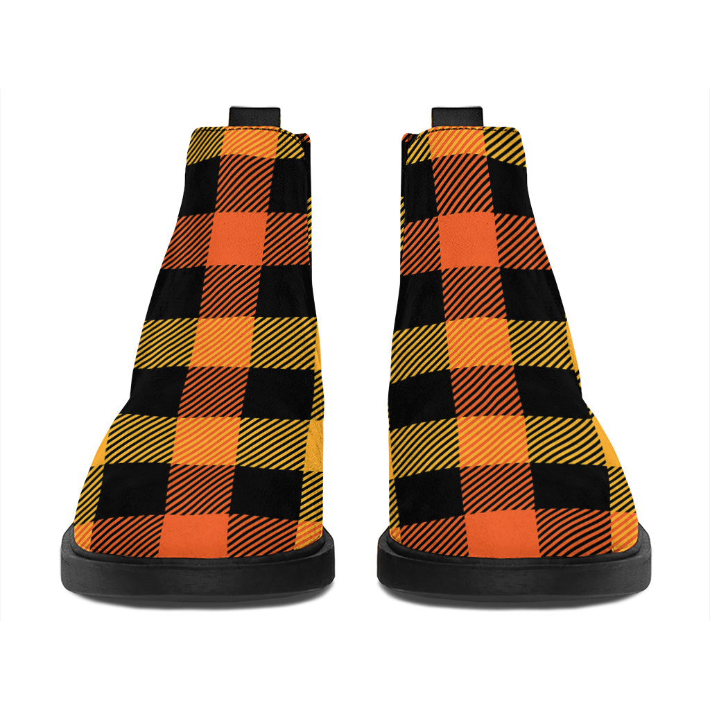 Orange And Black Buffalo Plaid Print Flat Ankle Boots