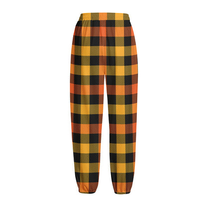 Orange And Black Buffalo Plaid Print Fleece Lined Knit Pants