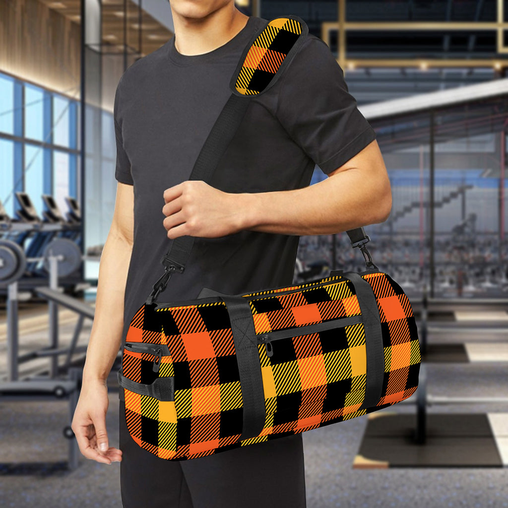 Orange And Black Buffalo Plaid Print Gym Bag