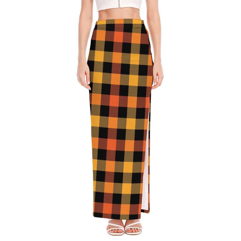 Orange And Black Buffalo Plaid Print High Slit Maxi Skirt