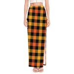 Orange And Black Buffalo Plaid Print High Slit Maxi Skirt
