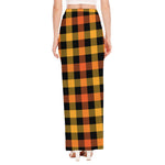 Orange And Black Buffalo Plaid Print High Slit Maxi Skirt
