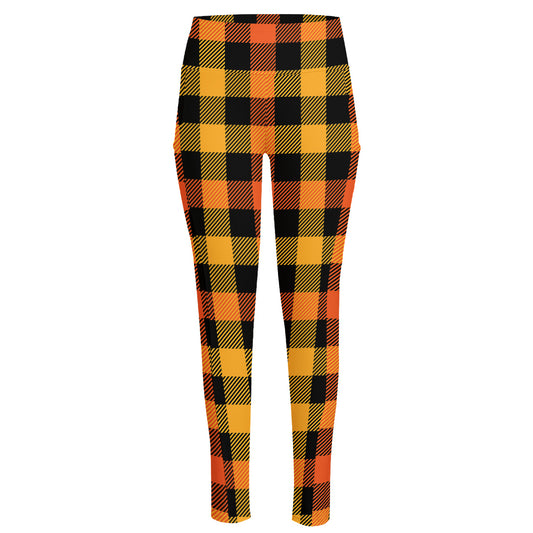 Orange And Black Buffalo Plaid Print High-Waisted Pocket Leggings