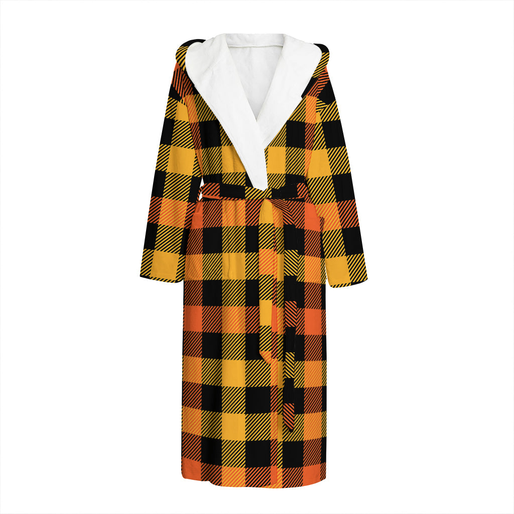 Orange And Black Buffalo Plaid Print Hooded Bathrobe
