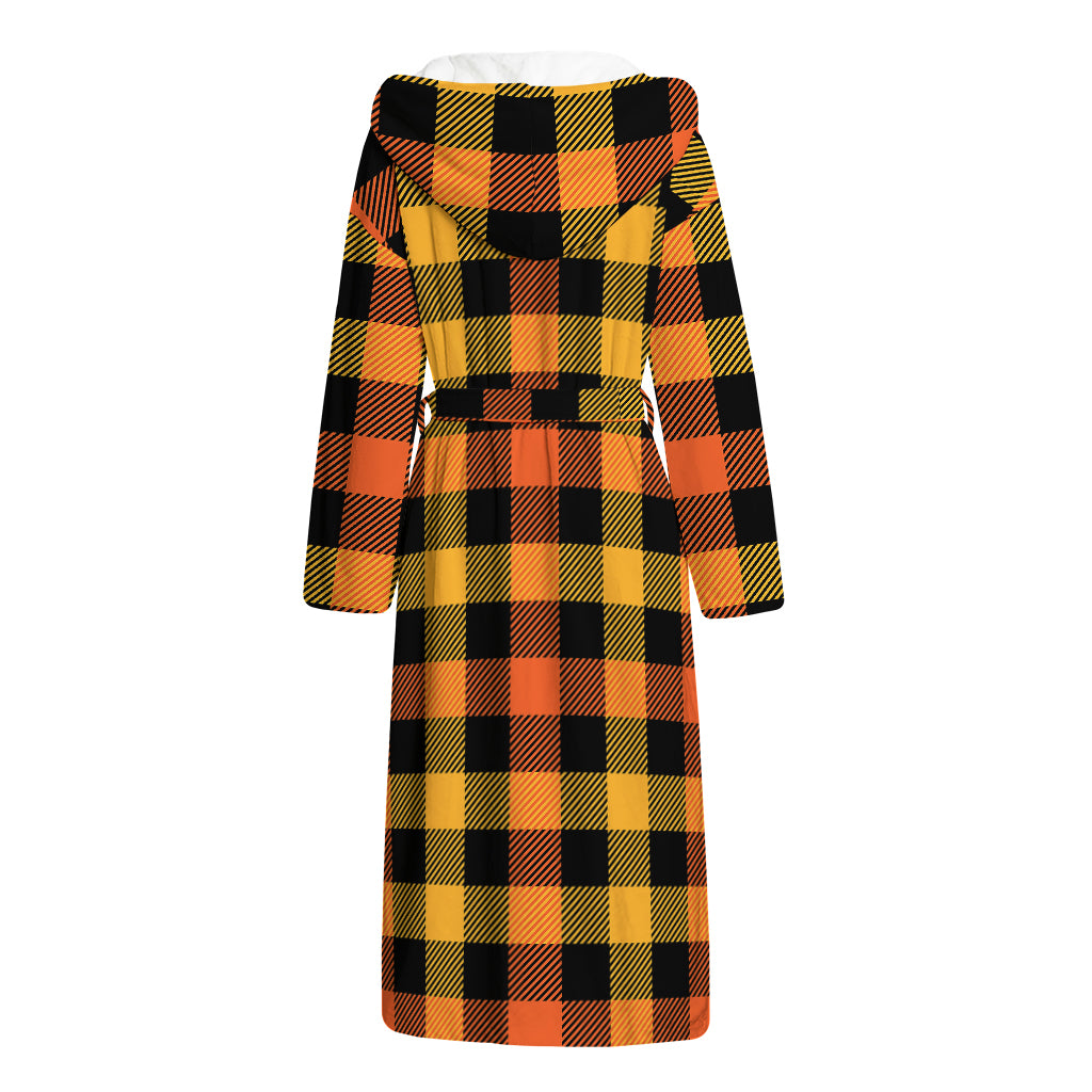 Orange And Black Buffalo Plaid Print Hooded Bathrobe