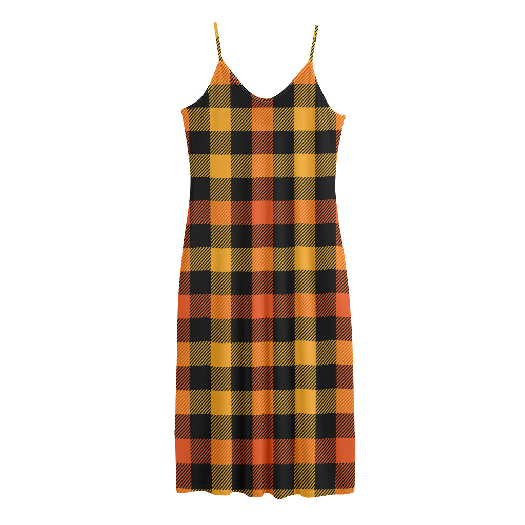 Orange And Black Buffalo Plaid Print Jersey Midi Cami Dress