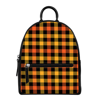 Orange And Black Buffalo Plaid Print Leather Backpack