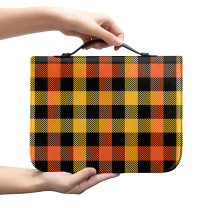 Orange And Black Buffalo Plaid Print Leather Bible Cover