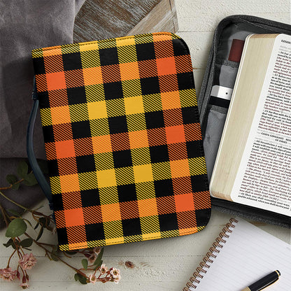 Orange And Black Buffalo Plaid Print Leather Bible Cover