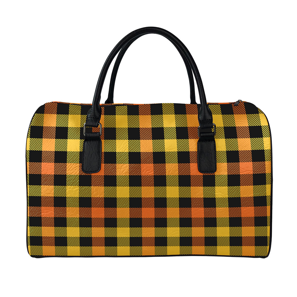 Orange And Black Buffalo Plaid Print Leather Duffle Bag