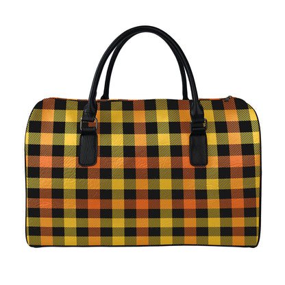 Orange And Black Buffalo Plaid Print Leather Duffle Bag