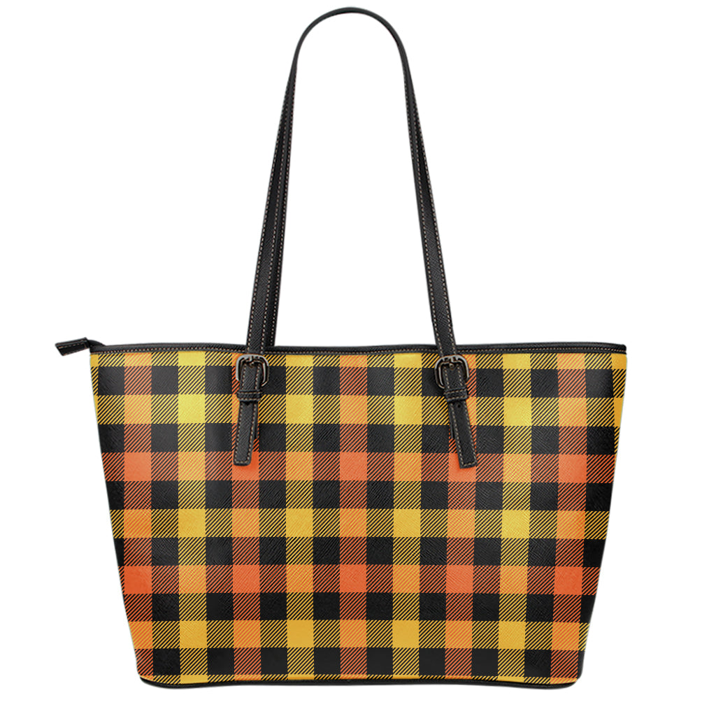 Orange And Black Buffalo Plaid Print Leather Tote Bag
