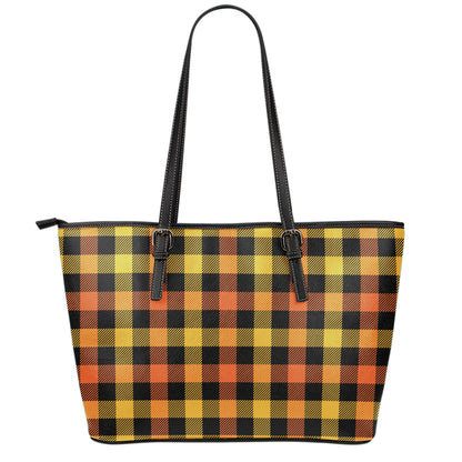 Orange And Black Buffalo Plaid Print Leather Tote Bag