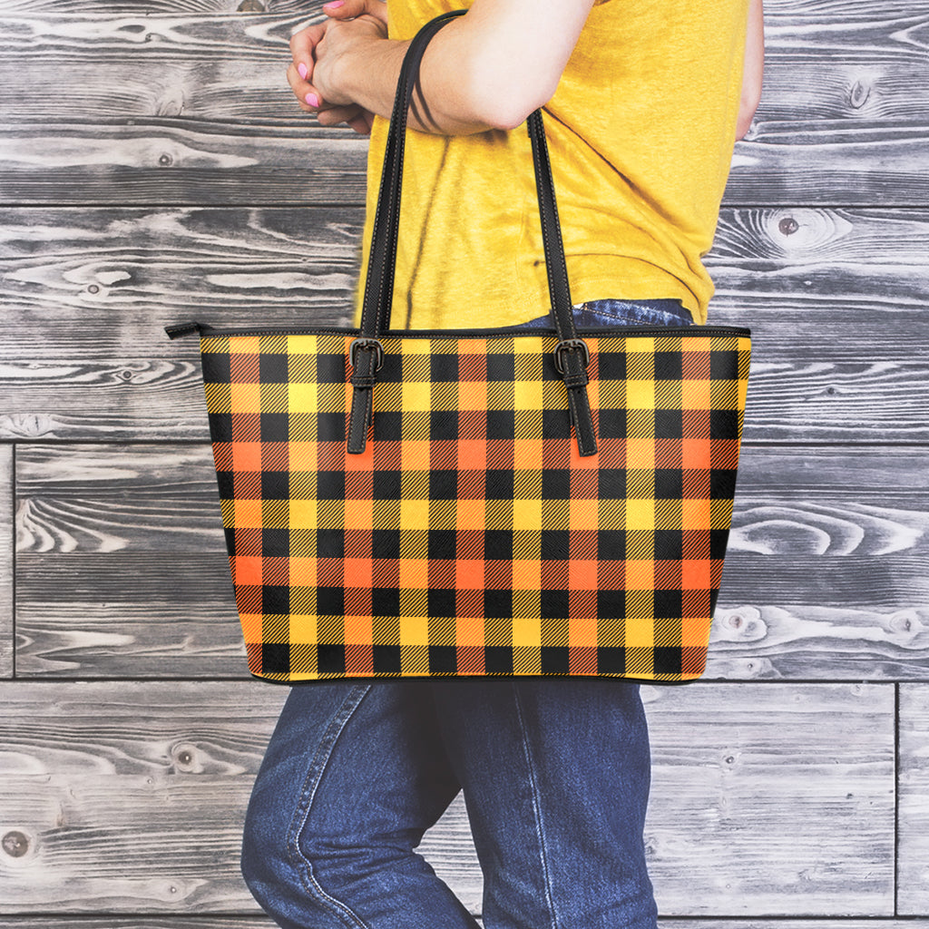 Orange And Black Buffalo Plaid Print Leather Tote Bag