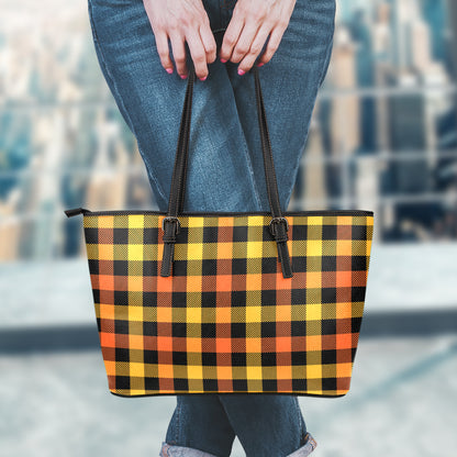 Orange And Black Buffalo Plaid Print Leather Tote Bag
