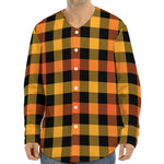 Orange And Black Buffalo Plaid Print Long Sleeve Baseball Jersey