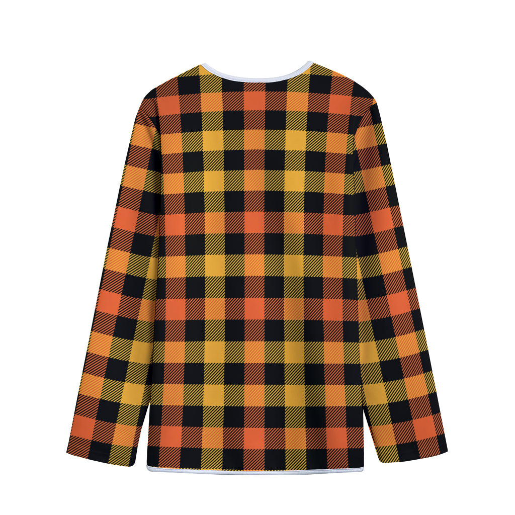 Orange And Black Buffalo Plaid Print Long Sleeve Short Coat