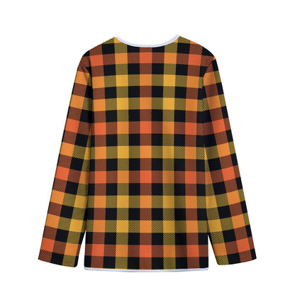 Orange And Black Buffalo Plaid Print Long Sleeve Short Coat