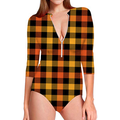 Orange And Black Buffalo Plaid Print Long Sleeve Swimsuit