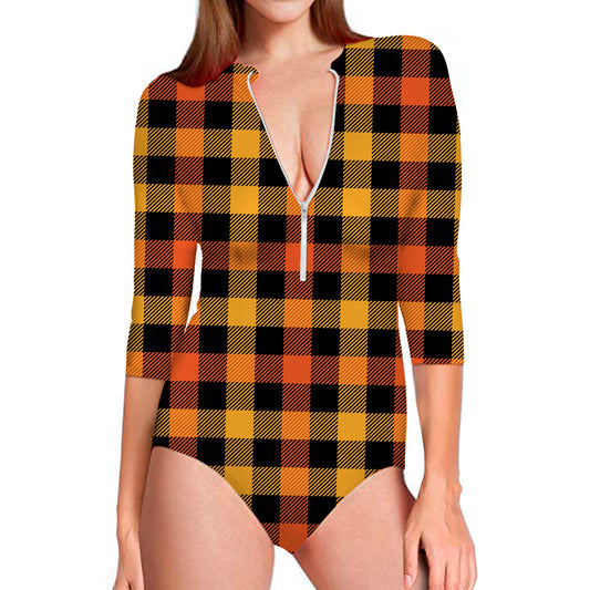 Orange And Black Buffalo Plaid Print Long Sleeve Swimsuit