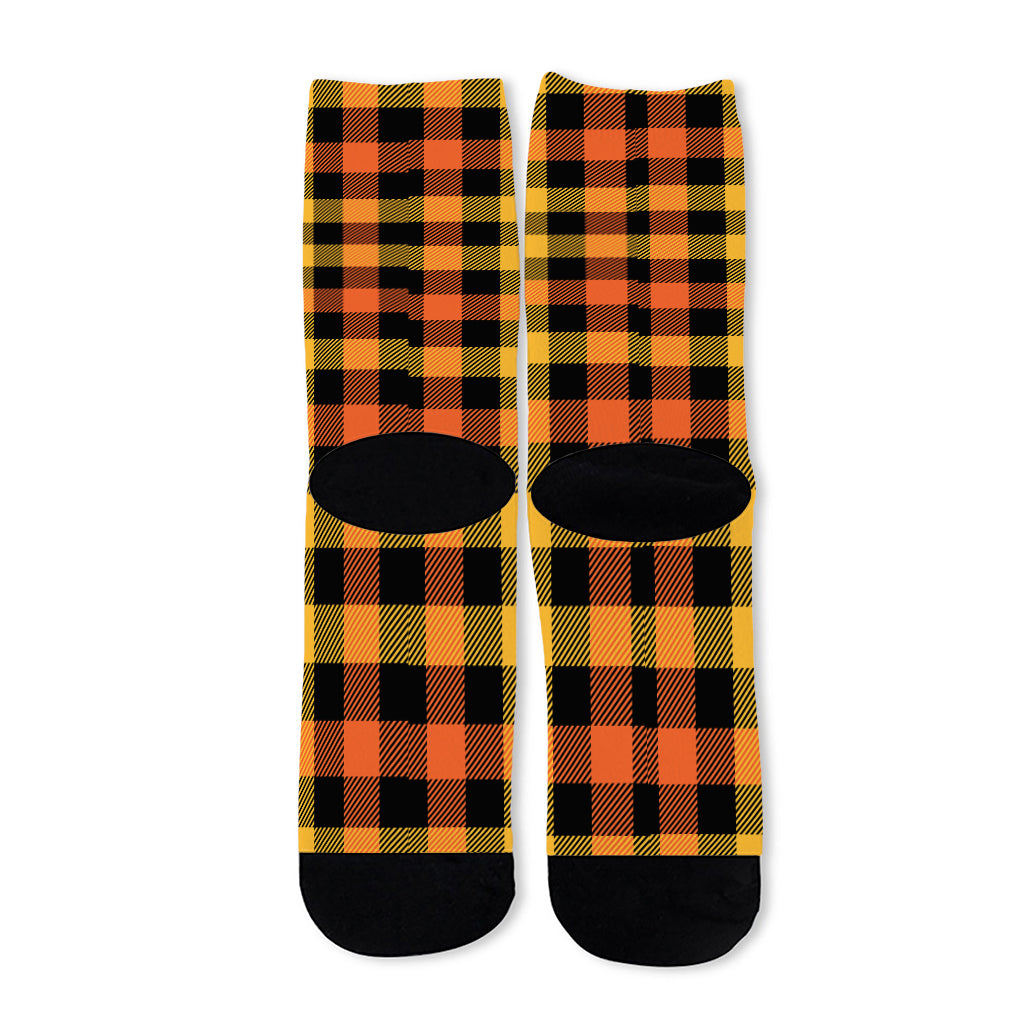 Orange And Black Buffalo Plaid Print Long Socks