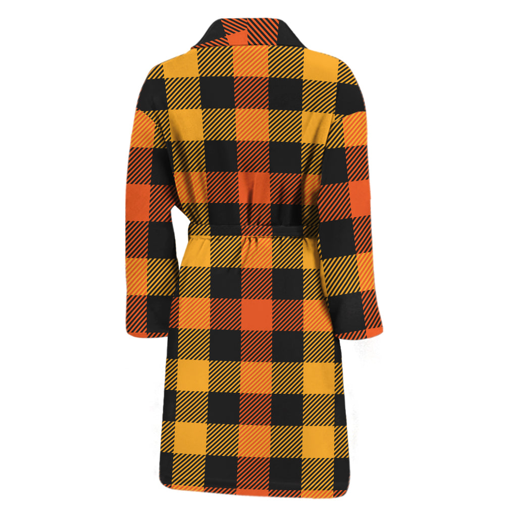 Orange And Black Buffalo Plaid Print Men's Bathrobe