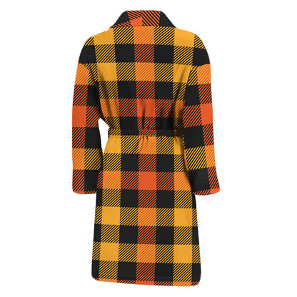 Orange And Black Buffalo Plaid Print Men's Bathrobe